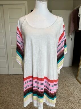 ROXY White Cotton Tunic Beach Poncho Coverup with Stripes Scarf Sleeves Size M
